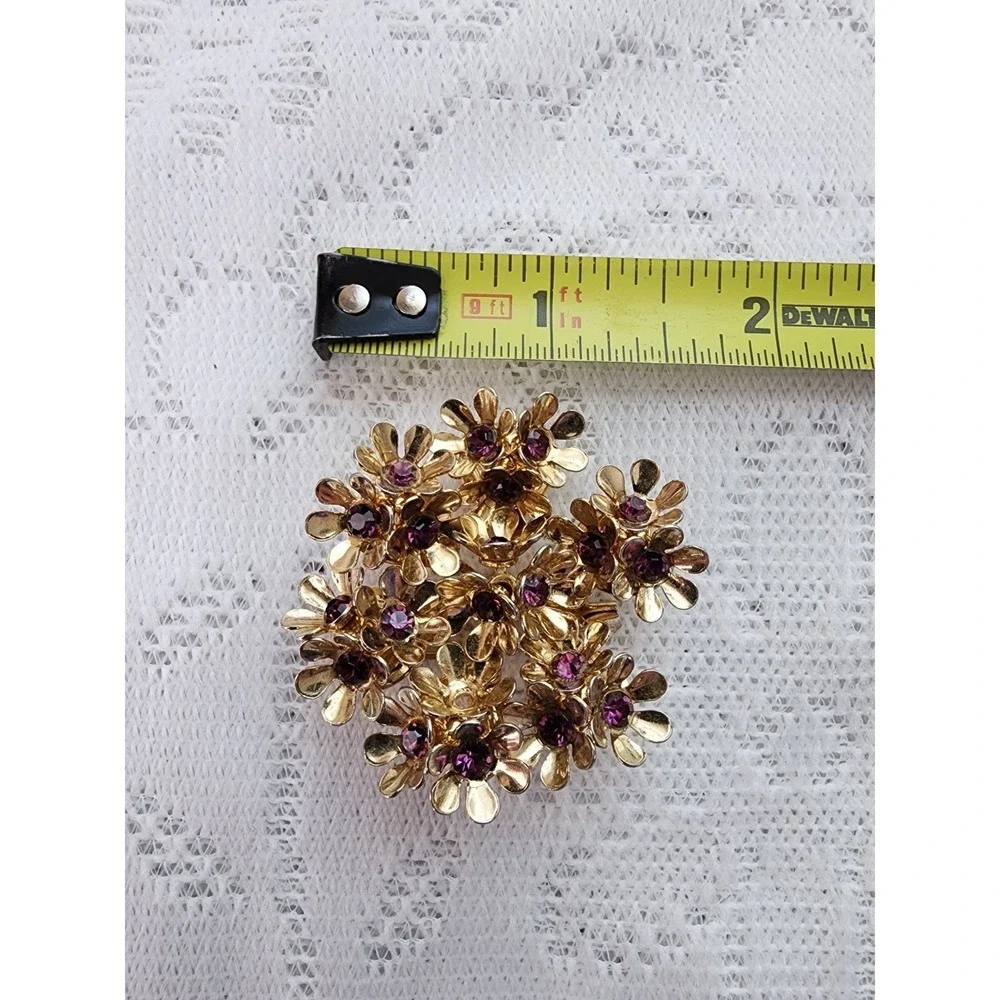 Vintage Mid Century Flower Cluster Brooch Pink Gold Tone Boho Cottage Purple 50s